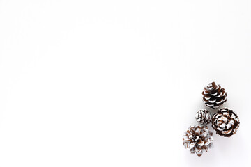 Christmas pinecones on white background.