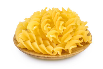 raw Fusilli pasta in wooden bowl isolated on white background with clipping path and full depth of field