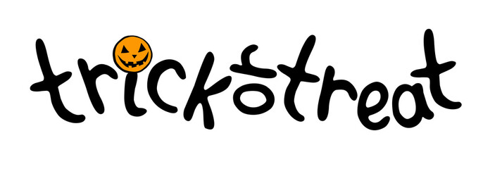 Trick or treat - Vector black hand drawn inscription with the head of jack o lantern. Text banner or background for Happy Halloween