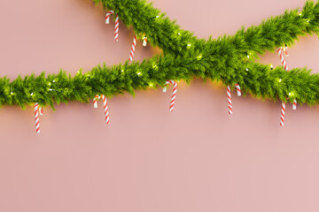 Christmas garlands with candies hung on a red background . 3d rendering