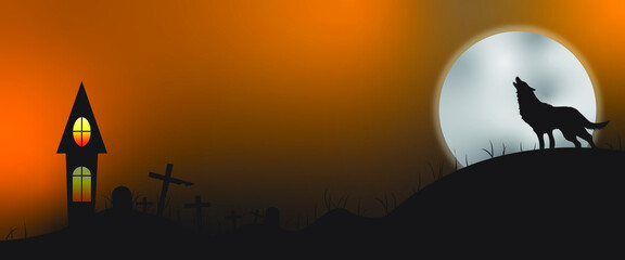 Halloween Concept background with a moon,castle, howling dog in full moon night and grave.