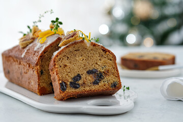 Beautiful delicious homemade Christmas dried fruit cake on grey table with decorating items for celebrating festive season.