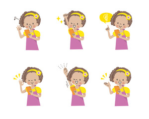 スマホを操作する黒人の女の子,ポジティブな表情セット