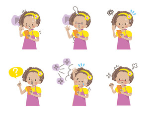 スマホを操作する黒人の女の子　ネガティブな表情セット