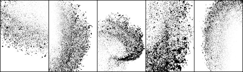 Set of explosion black grainy texture isolated on white background. Dust overlay textured. Dark noise particles. Grunge design elements. Vector illustration, Eps 10.