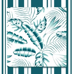 elegance drawn monstera leaves with blue banana and palm tropical seamless pattern plant fashionable on white background. Beach summer trendy illustration. floral background