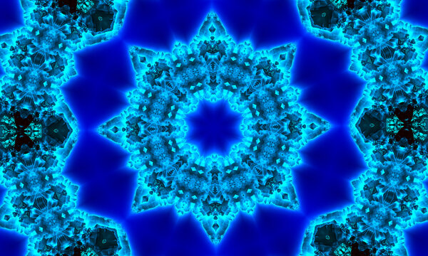 Cyan indigo and black Hypnotic Kaleidoscope Background © Denis Starostin