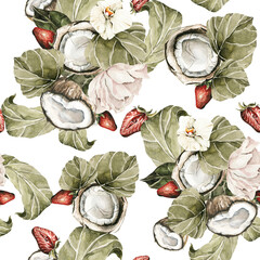 Naklejka premium Watercolor floral seamless pattern. Hand painted ranunculus, pink peonies bouquet. Flower, leaves isolated on white background. Botanical illustration for textile, print, digital paper