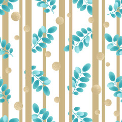 Beautiful seamless pattern with acacia leaves and gold peas on a striped background. Illustration in realistic watercolor style, hand drawing. Spring tender print for print design