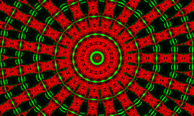 Kaleidoscope in christmas colors of red and green. Happy christmas 2022 pattern.