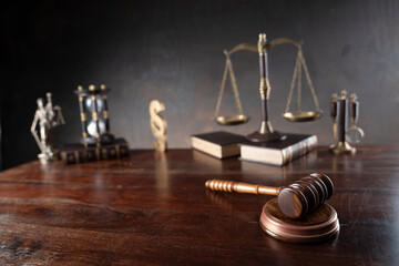 Law and justice concept. Law symbols composition: judge’s gavel, legal code and scale.