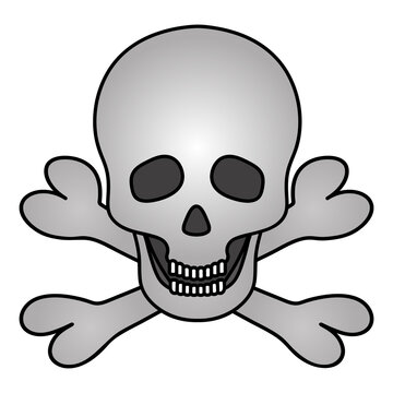 Skull and crossbones. Colored vector illustration. Pirate symbol. Jaw with straight teeth. Hollows instead of eyes and nose. An integral part of the skeleton. Isolated white background. Cartoon style.