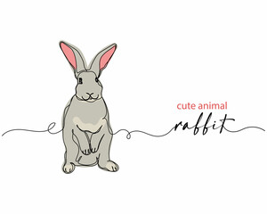 Continuous one line drawing of cute animal rabbit or bunny in silhouette on a white background. Linear stylized.Minimalist.