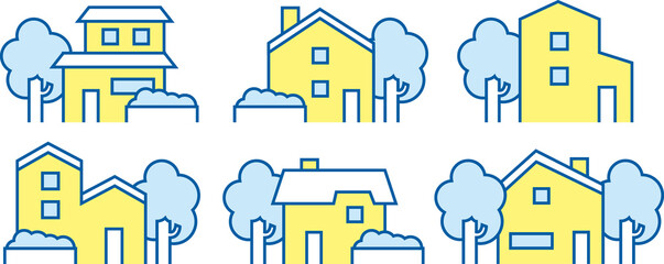色々な形の家、戸建て、一軒家(黄色と水色)