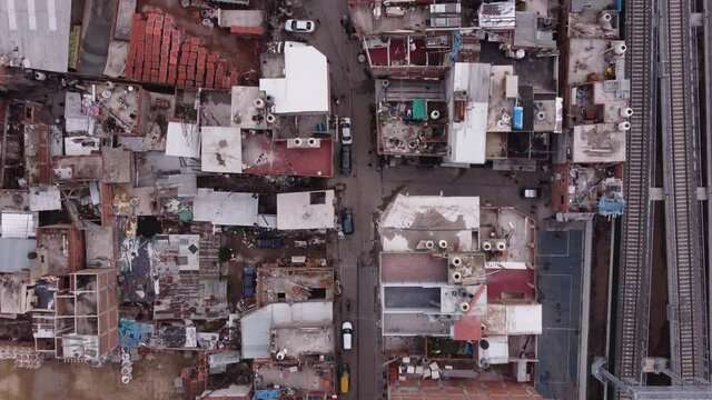 Aerial top down flight over poor Favela named Villa Miseria in Buenos Aires,Argentina