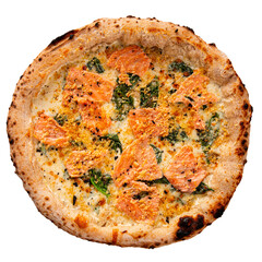 Isolated salmon pizza with spinach on white background
