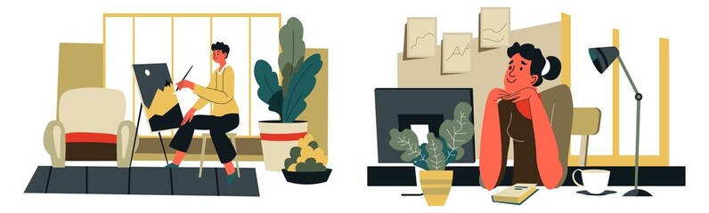 Artist drawing painting on easel, dreamy woman