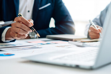 Business team meeting to conference, collaboration discussing working analyzing with financial data and marketing business strategy project, presentation and brainstorming to making profit of company