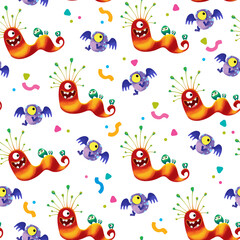 Cartoon striped monster worm and one-eyed winged alien on a white background with multicolored confetti, Seamless cute baby pattern. Ufo illustration in children's style, drawing by hands