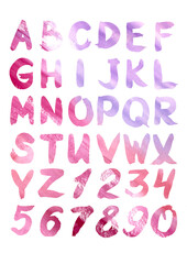 hand drawn colorful watercolor multicolor font type. handwritten multicolored mottled doodle abc english alphabet with letters, numbers and symbol on white background. Violet and purple gradient