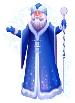 Russian or ukrainian santa claus grandfather frost in blue coat stand with ice staff