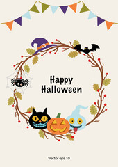 Halloween party invitation card with cute elements and  frame. Vector illustration.