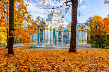 Hermitage pavilion in autumn foliage in Catherine park, Pushkin (Tsarskoe Selo), Saint Petersburg, Russia