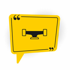 Black Skateboard wheel icon isolated on white background. Skateboard suspension. Skate wheel. Yellow speech bubble symbol. Vector