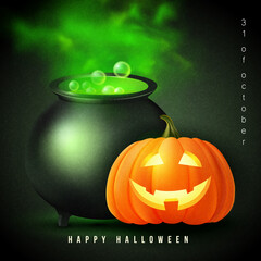 Happy halloween 3D realistic scary jack lantern and witch magic metal pot with green poison liquid