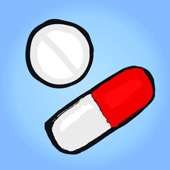 Hand drawn pills and capsules pharmacy cure flat vector