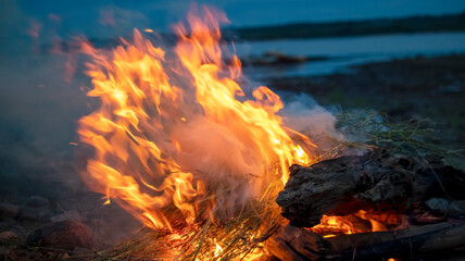 flames with thick smoke in the evening, backgrounds,