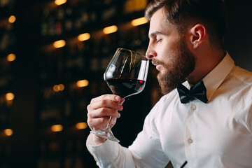 Close up of sommelier man sniffing wine in glass