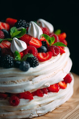 Fruit cake. Cake decorated with berries on a wooden stand on a black background.