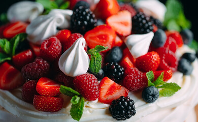 Obraz premium Fruit cake. Cake decorated with berries on a wooden stand on a black background.