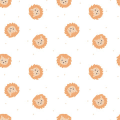 Seamless pattern with cute animal faces. The muzzle of a lion on a white background. Vector for textiles and poster design, kids' clothing