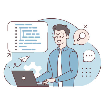 Concept of script coding, programming. A programming language. Programmer working on web development on computer. Software developers. Workplace of the programmer. Flat vector illustrations