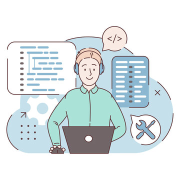 Concept of script coding, programming. A programming language. Programmer working on web development on computer. Software developers. Workplace of the programmer. Flat illustrations