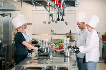 Cooks prepare meals on an electric stove in a professional kitchen in a restaurant or hotel.