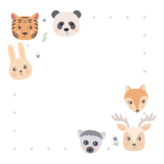 Obraz premium Frame with animal faces, tiger, lemur, panda, deer and fox. Design template for text, copy space