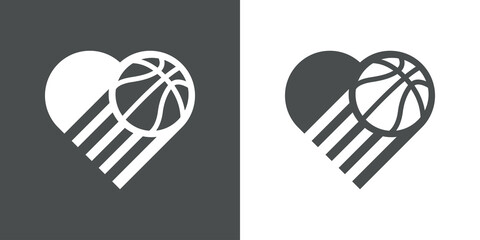 I love basketball. Logotipo corazón con silueta de balón de baloncesto con lineas de movimiento en fondo gris y fondo blanco © teracreonte