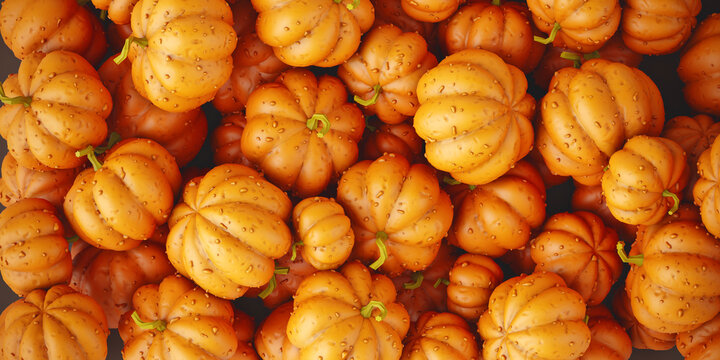 Festive Pumpkins harvest pattern. Heap of ripe orange pumpkin vegetables autumn background for Halloween holiday. Illustration.