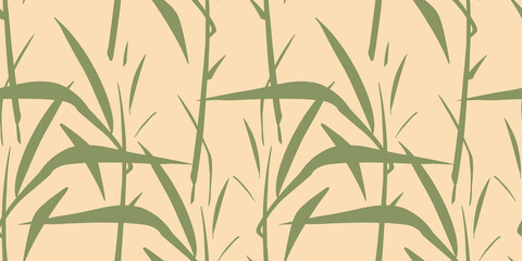Bamboo leaves seamless pattern. Japanese natural concept green and beige background with bamboo leaves silhouette.