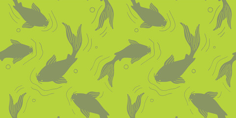 Koi carp floral seamless pattern. Japanese natural motif green background with koi fish silhouette.