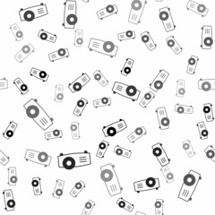Black Presentation, movie, film, media projector icon isolated seamless pattern on white background. Vector