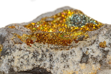 Macro mineral stone Pyrite rainbow on a white background