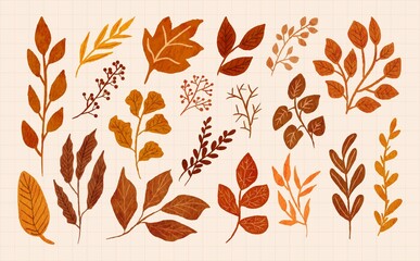 Hand painted autumn leaf and branch in watercolor illustration set
