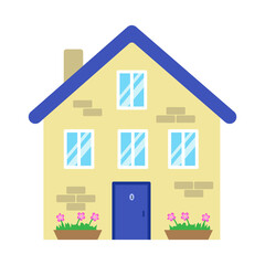 Cute cartoon yellow house, vector illustration. Small house with door and small windows. Flat illustration, home symbol. Icon for web and graphic resources, design element. Illustration for children