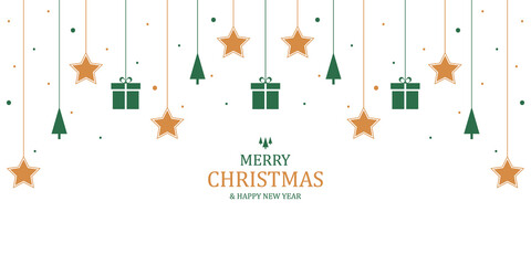 Merry Christmas greeting card. Christmas background with stars and gifts decorations in flat style. Vector illustration. Holiday banner. Xmas backdrop. Modern design poster, cover, wallpaper.