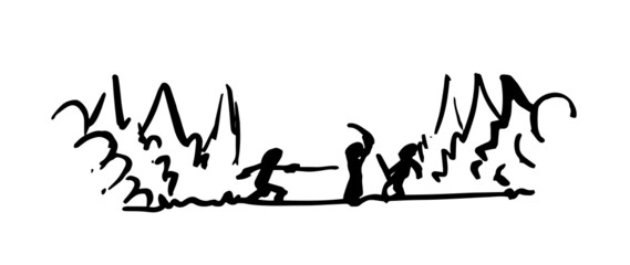 Silhouette of people in a Duel to the death with sword in the forest. Fencing. Black and white Hand drawn ink strokes style vector illustration on white background. People fighting.