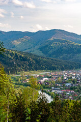 Fototapeta na wymiar Ukraine Carpathian Mountains, Vezle nature reserve town Skole, view from mountain, autumn season, nature outdoor